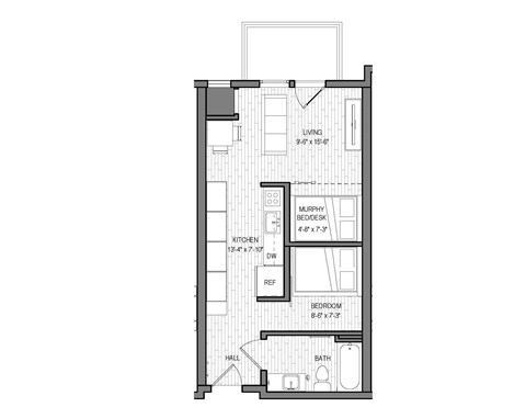 Floor plan for 1 bed, 1 bath, 537 sqft
